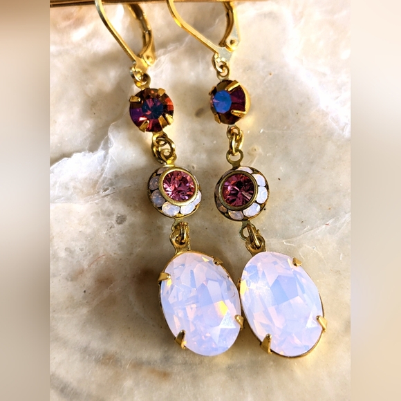 Swarovski Elements Pink AB And Pink Opal Flower Dangle Drop Earrings - Picture 3 of 4